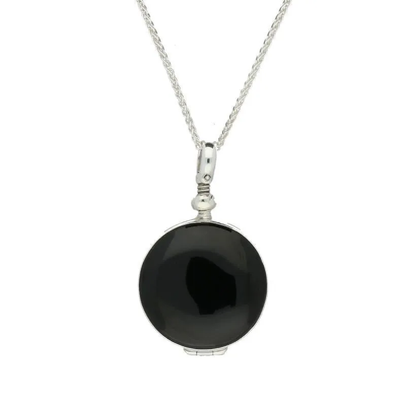 Sterling Silver Whitby Jet Glass Small Round Locket sold by C.W. Sellors