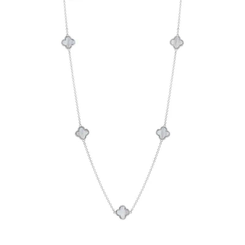 9ct White Gold White Mother of Pearl Bloom Four Leaf Clover Ball Edge Necklace sold by C.W. Sellors