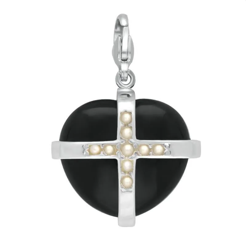 Sterling Silver Whitby Jet Nine Pearl Large Cross Heart Charm sold by C.W. Sellors