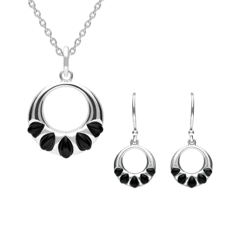 Sterling Silver Whitby Jet Five Stone Open Circle Two Piece Set sold by C.W. Sellors