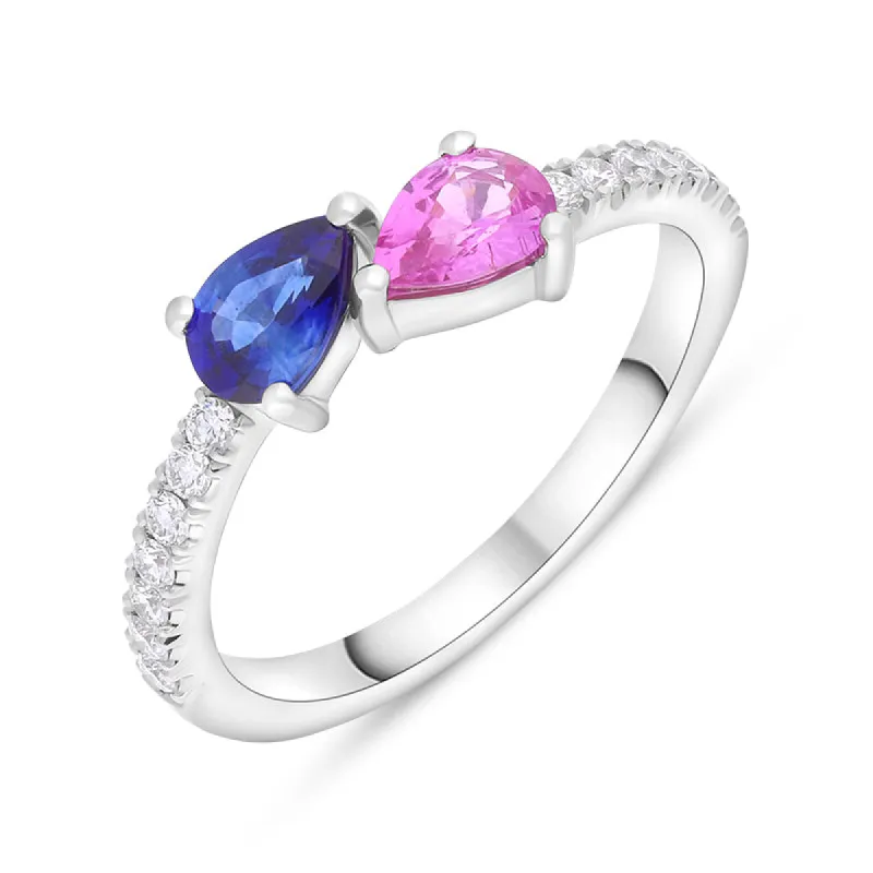 Platinum Pink and Blue Sapphire Diamond Shoulder Set Ring sold by C.W. Sellors