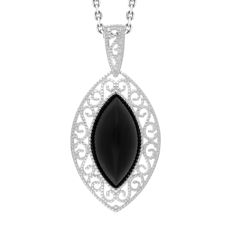 Sterling Silver Whitby Jet Marquise Pierced Open Back Necklace sold by C.W. Sellors