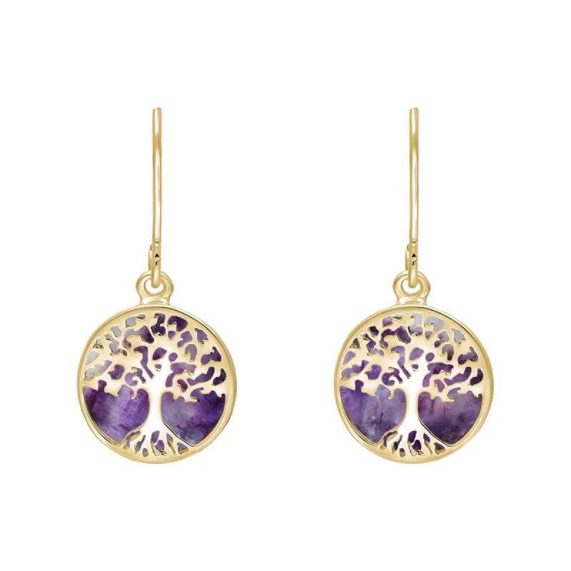 9ct Yellow Gold Blue John Round Tree of Life Drop Earrings sold by C.W. Sellors