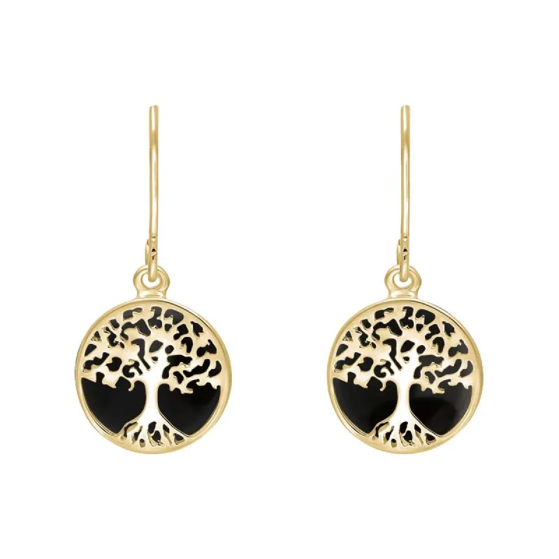 9ct Yellow Gold Whitby Jet Round Tree of Life Drop Earrings sold by C.W. Sellors