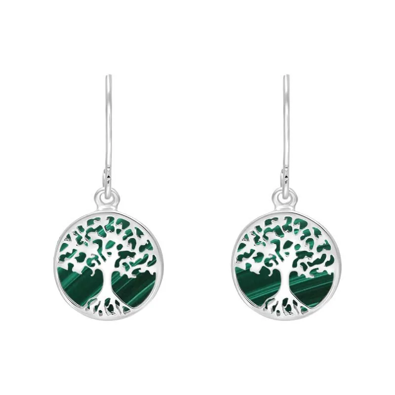 Sterling Silver Malachite Round Tree of Life Drop Earrings sold by C.W. Sellors