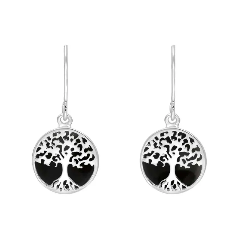 Sterling Silver Whitby Jet Round Tree of Life Drop Earrings sold by C.W. Sellors