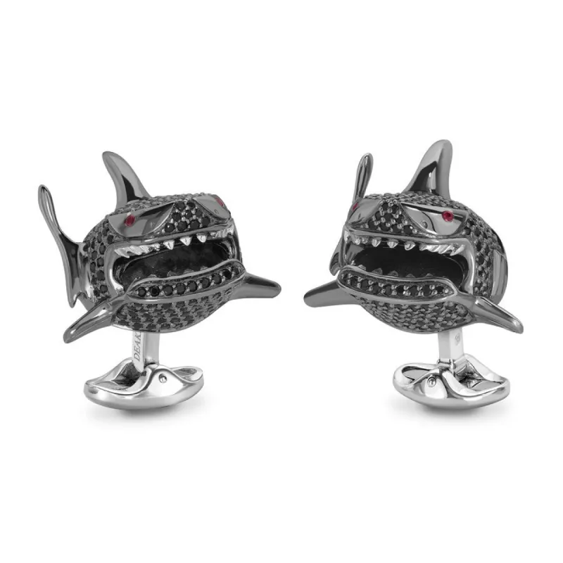 Deakin & Francis Sterling Silver Black Spinel Shark Cufflinks sold by C.W. Sellors