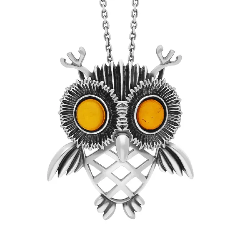 Sterling Silver Large Amber Owl Necklace sold by C.W. Sellors