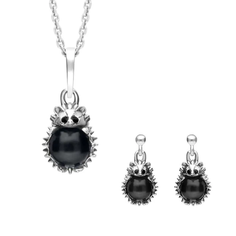 Sterling Silver Whitby Jet Tiny Hedgehog Two Piece Set made by C.W. Sellors