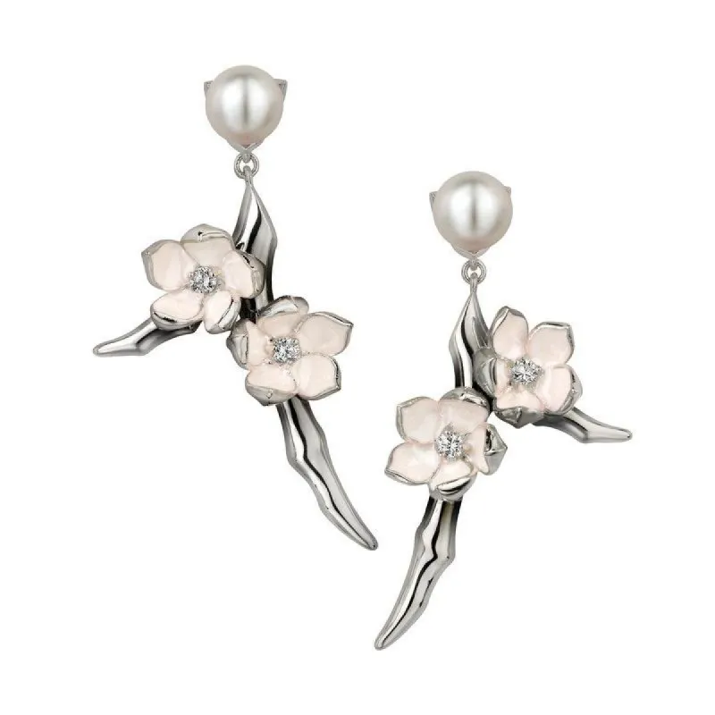 Shaun Leane Cherry Blossom Sterling Silver Diamond Pearl Small Branch Drop Earrings sold by C.W. Sellors