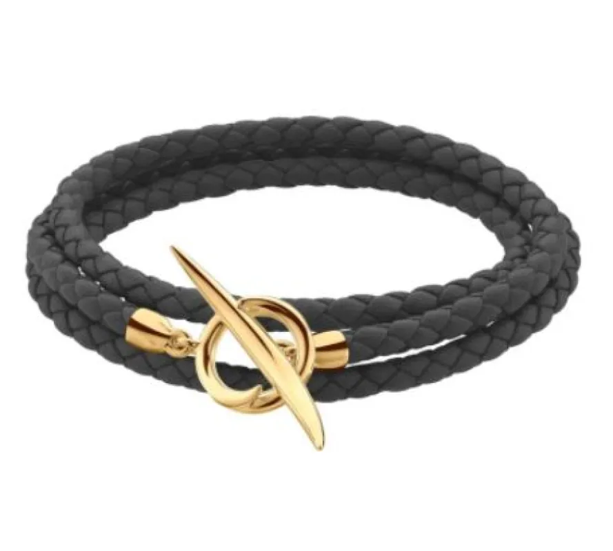 Shaun Leane Quill 18ct Yellow Gold Plated Sterling Silver Black Leather Wrap Bracelet sold by C.W. Sellors
