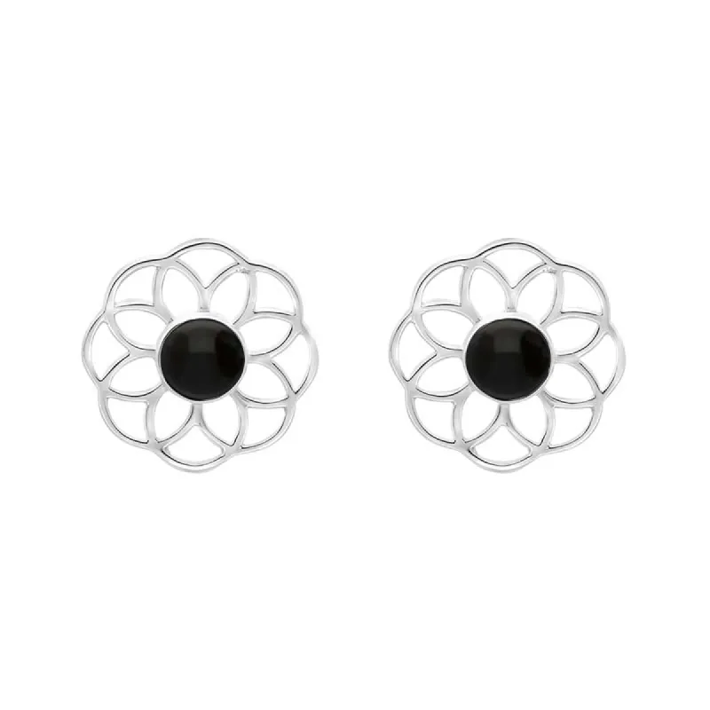 Sterling Silver Whitby Jet Flower Stud Earrings sold by C.W. Sellors