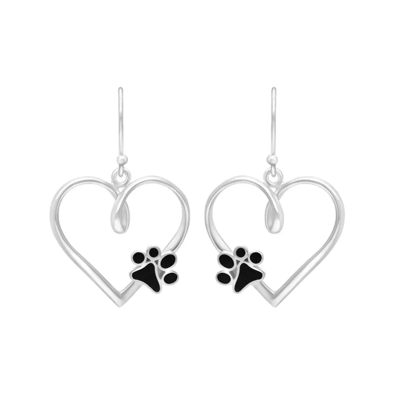 Sterling Silver Whitby Jet Heart Paw Print Earrings made by C.W. Sellors