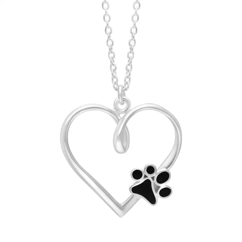 Sterling Silver Whitby Jet Heart Paw Print Necklace sold by C.W. Sellors