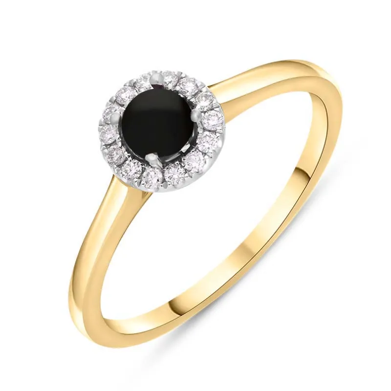 18ct Yellow White Gold Whitby Jet 0.10ct Diamond Round Ring sold by C.W. Sellors