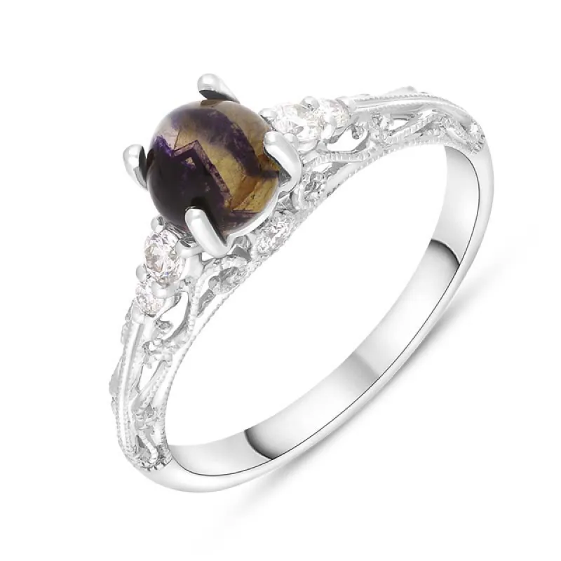 18ct White Gold Blue John Diamond 0.18ct Ornate Claw Set Ring sold by C.W. Sellors