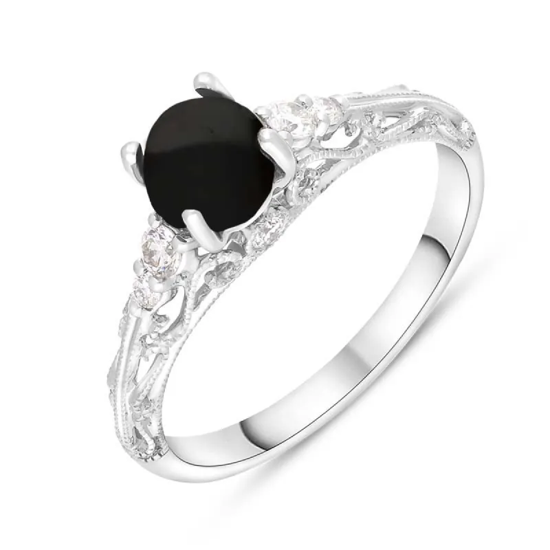 18ct White Gold Whitby Jet Diamond 0.18ct Ornate Claw Set Ring sold by C.W. Sellors