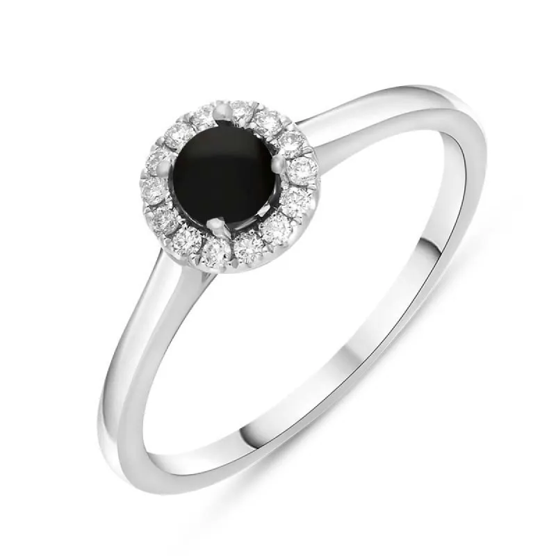 18ct White Gold Whitby Jet 0.10ct Diamond Round Ring sold by C.W. Sellors