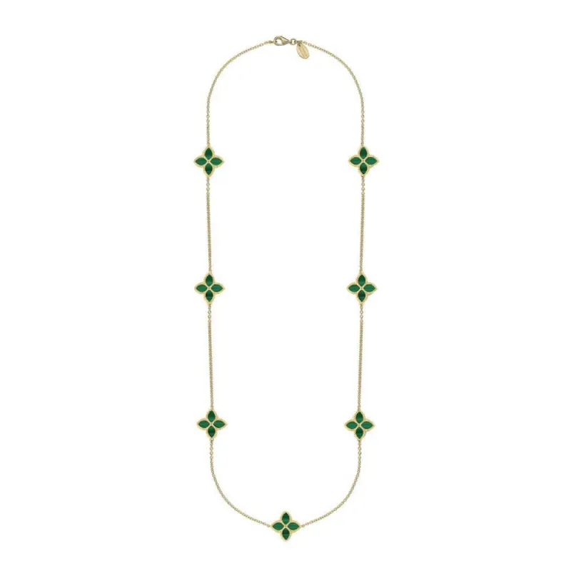 18ct Yellow Gold Malachite Eden Long Marquise Flower Necklace sold by C.W. Sellors