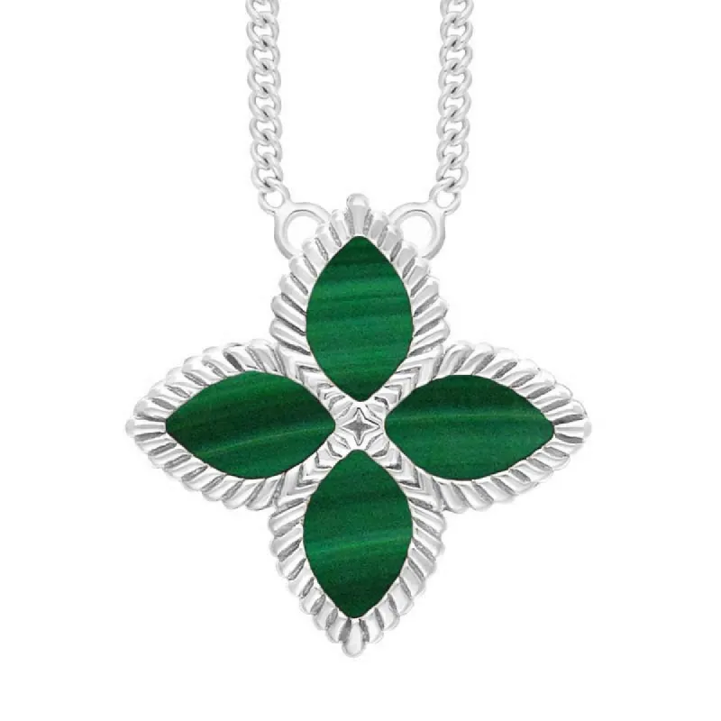 18ct White Gold Malachite Eden Large Marquise Flower Necklace sold by C.W. Sellors