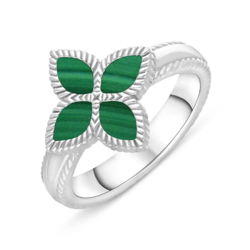 Sterling Silver Malachite Eden Marquise Flower Ring sold by C.W. Sellors