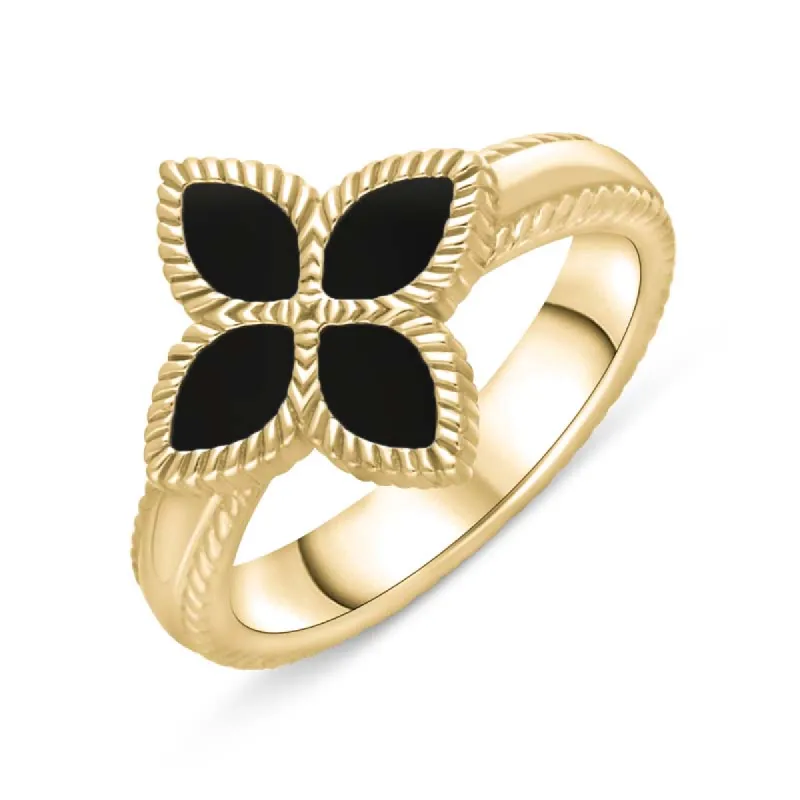 18ct Yellow Gold Whitby Jet Eden Marquise Flower Ring sold by C.W. Sellors