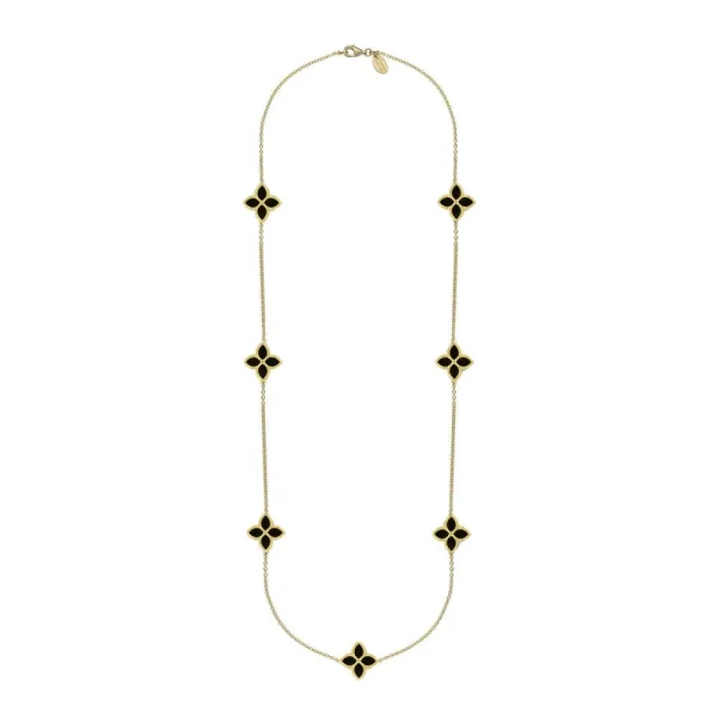 9ct Yellow Gold Whitby Jet Eden Long Marquise Flower Necklace sold by C.W. Sellors