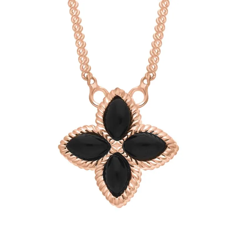 9ct Rose Gold Whitby Jet Eden Small Marquise Flower Necklace sold by C.W. Sellors