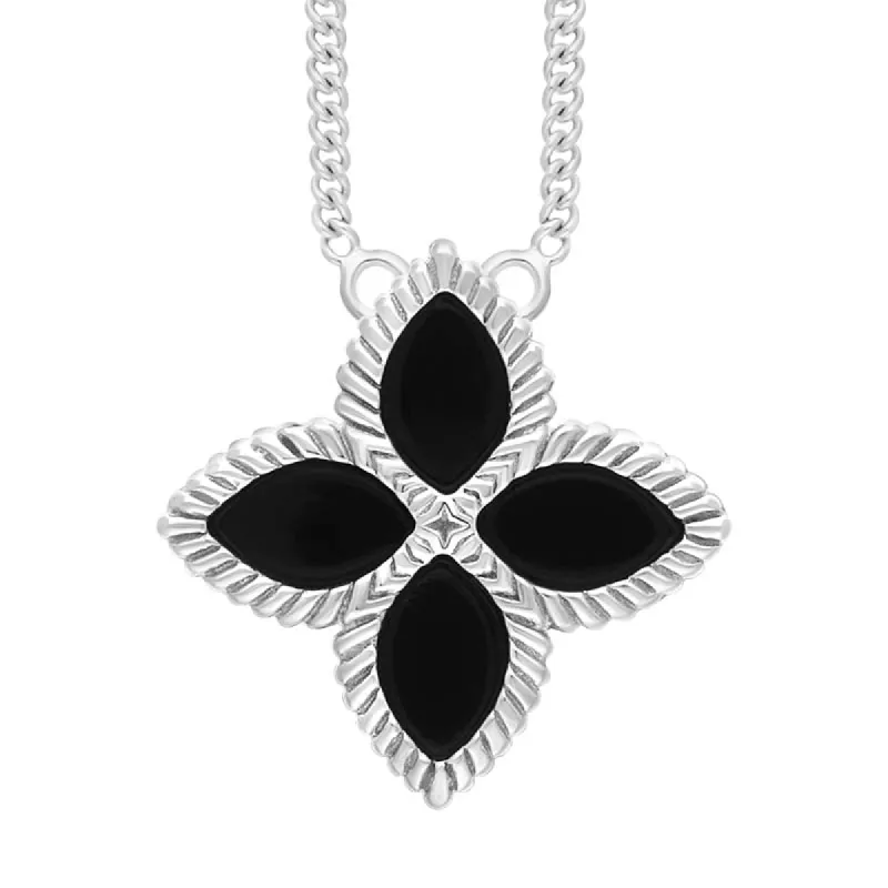 18ct White Gold Whitby Jet Eden Large Marquise Flower Necklace sold by C.W. Sellors