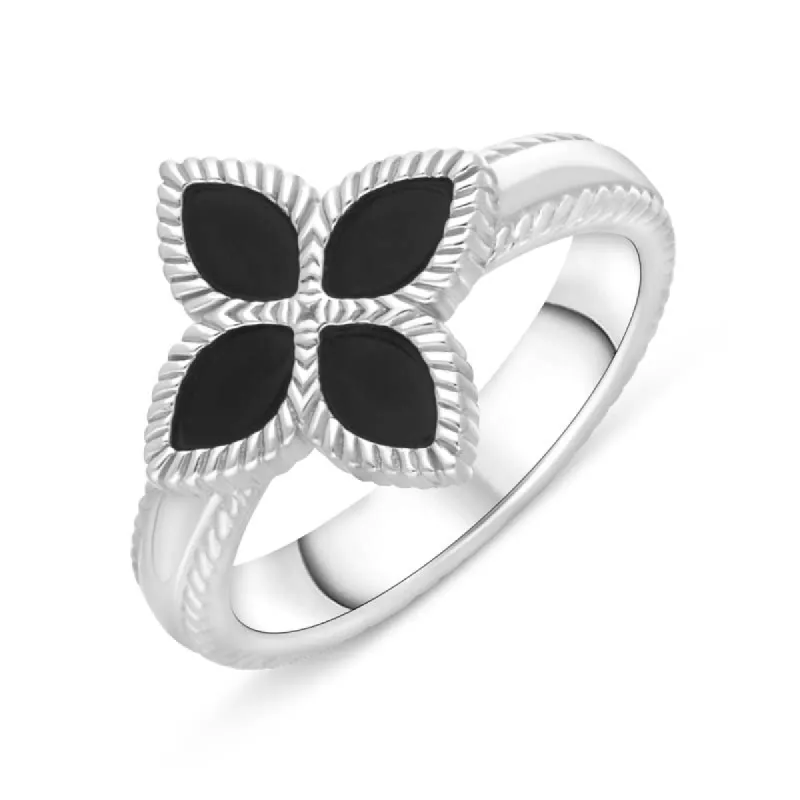 Sterling Silver Whitby Jet Eden Marquise Flower Ring sold by C.W. Sellors