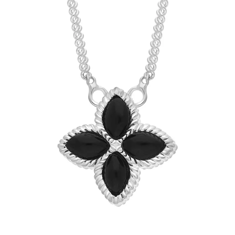 Sterling Silver Whitby Jet Eden Small Marquise Flower Necklace sold by C.W. Sellors