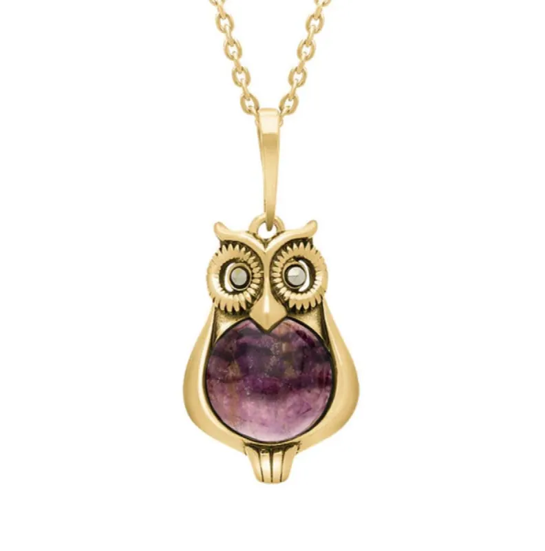 9ct Yellow Gold Blue John Marcasite Small Owl Necklace sold by C.W. Sellors