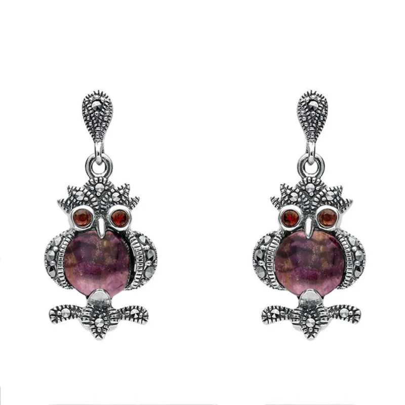 Sterling Silver Blue John Marcasite and Garnet Owl Drop Earrings sold by C.W. Sellors