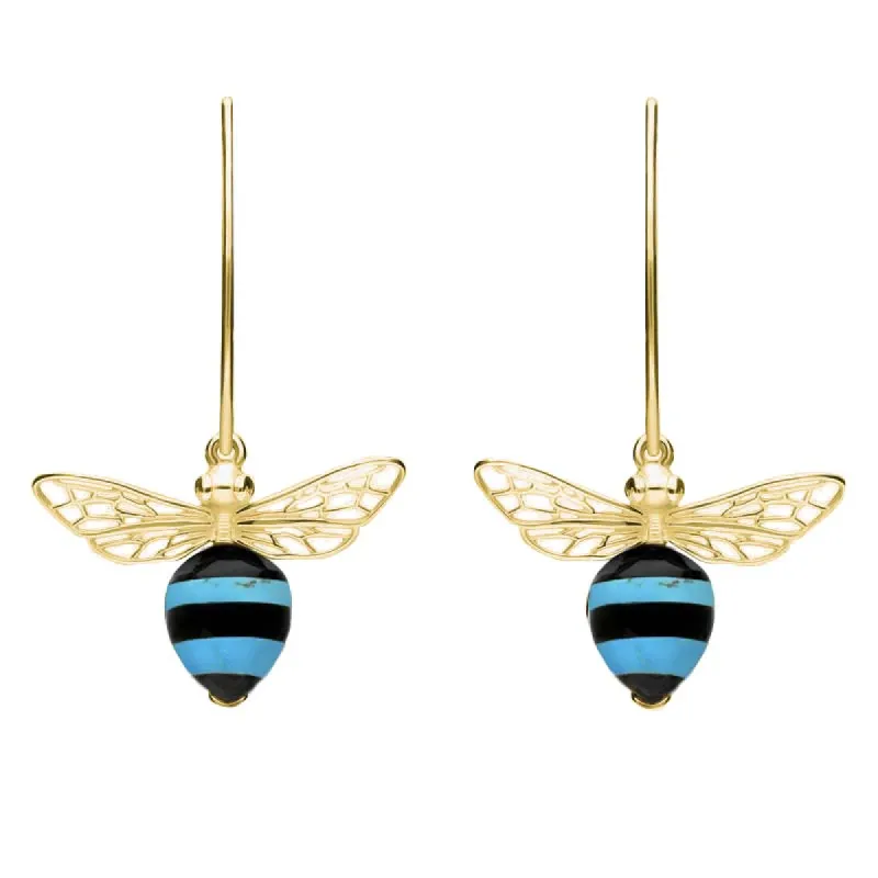 9ct Yellow Gold Turquoise Whitby Jet Bee Small Hook Earrings sold by C.W. Sellors