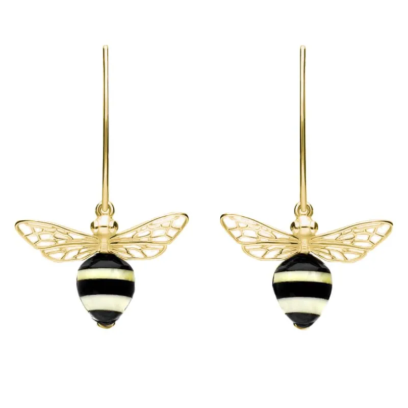 9ct Yellow Gold Amber Whitby Jet Bee Small Hook Earrings sold by C.W. Sellors