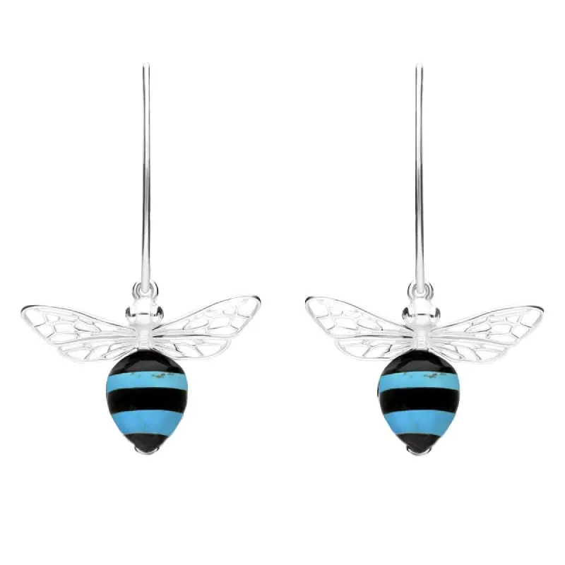 Sterling Silver Turquoise Whitby Jet Bee Small Hook Earrings sold by C.W. Sellors
