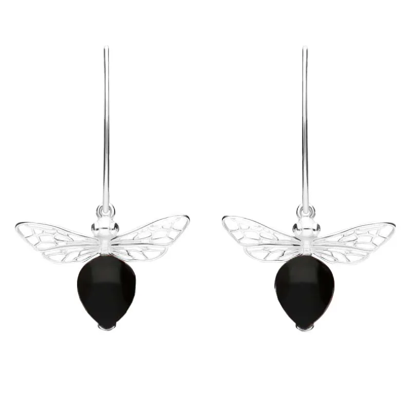Sterling Silver Whitby Jet Bee Small Hook Earrings sold by C.W. Sellors