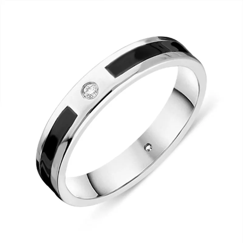 18ct White Gold Whitby Jet Diamond 4mm Patterned Wedding Band Ring sold by C.W. Sellors