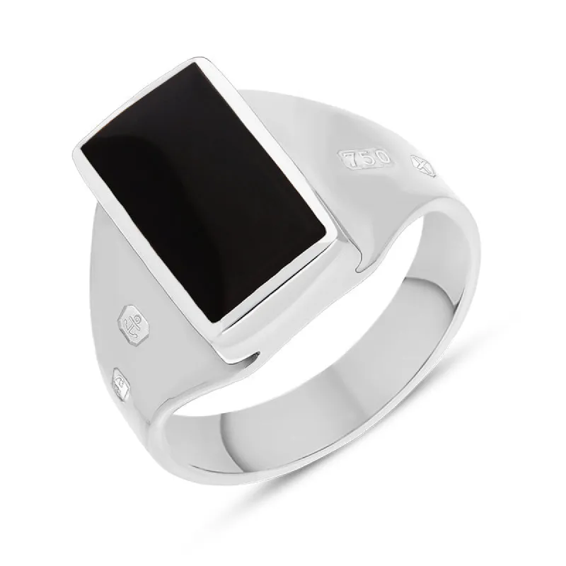 18ct White Gold Whitby Jet King's Coronation Hallmark Small Oblong Ring sold by C.W. Sellors