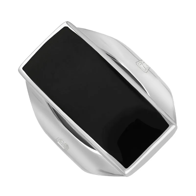 18ct White Gold Whitby Jet King's Coronation Hallmark Medium Oblong Ring sold by C.W. Sellors