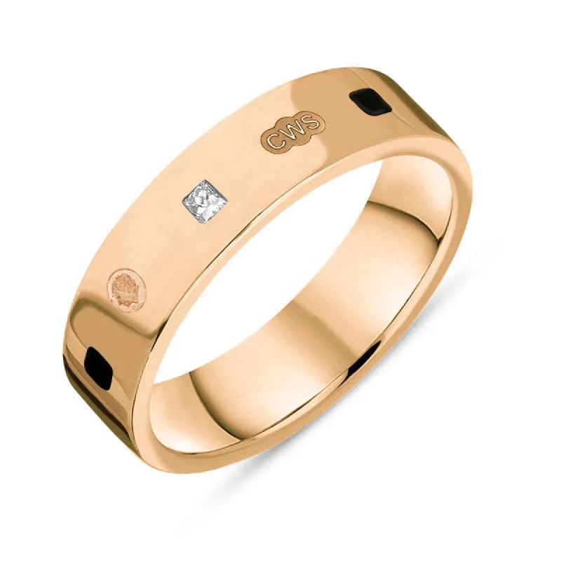 9ct Rose Gold 0.12ct Diamond Whitby Jet King's Coronation Hallmark Princess Cut 5mm Ring sold by C.W. Sellors