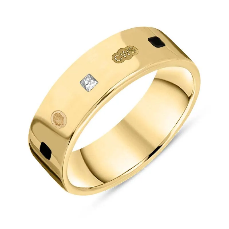 18ct Yellow Gold 0.18ct Diamond Whitby Jet King's Coronation Hallmark Princess Cut 6mm Ring sold by C.W. Sellors