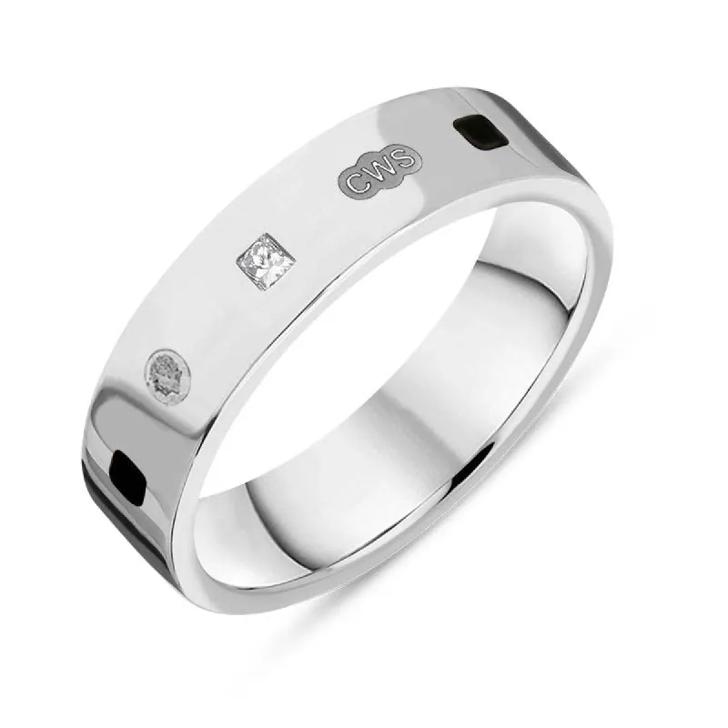 9ct White Gold 0.12ct Diamond Whitby Jet King's Coronation Hallmark Princess Cut 5mm Ring sold by C.W. Sellors