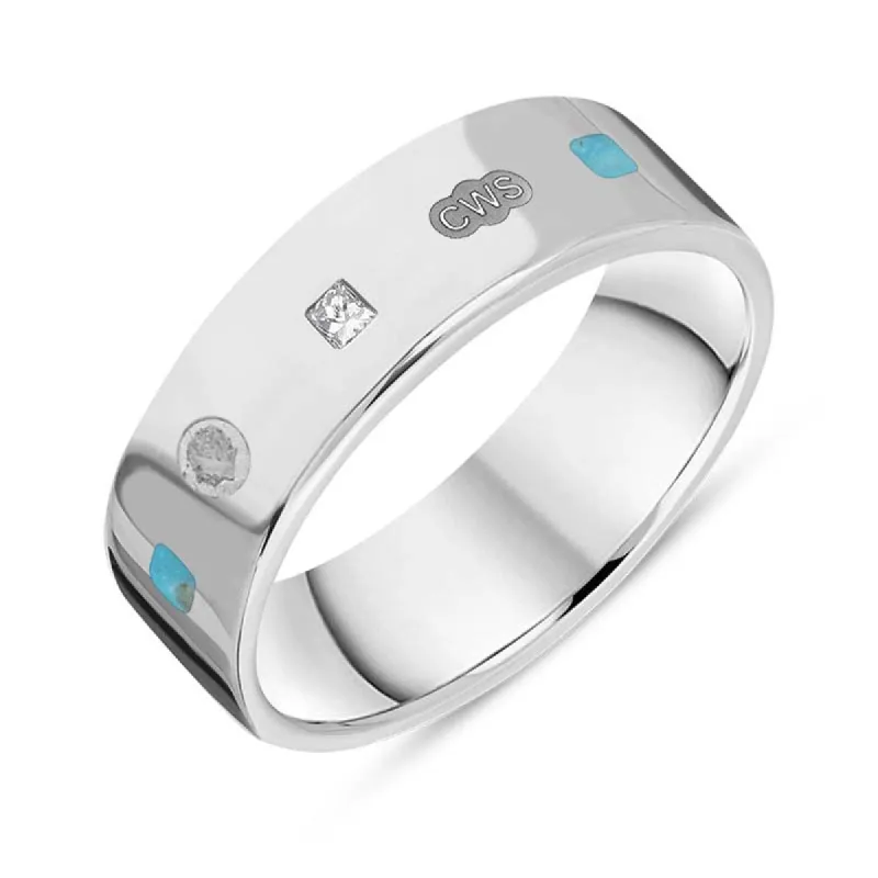 18ct White Gold 0.18ct Diamond Turquoise King's Coronation Hallmark Princess Cut 6mm Ring sold by C.W. Sellors