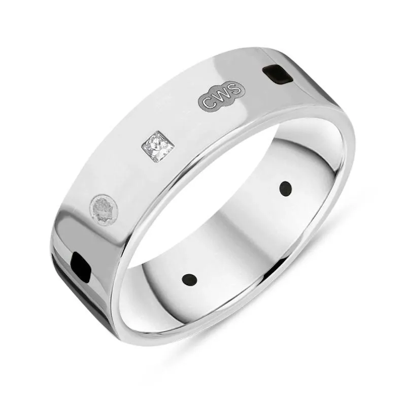 18ct White Gold 0.18ct Diamond Whitby Jet King's Coronation Hallmark Princess Cut 6mm Ring sold by C.W. Sellors