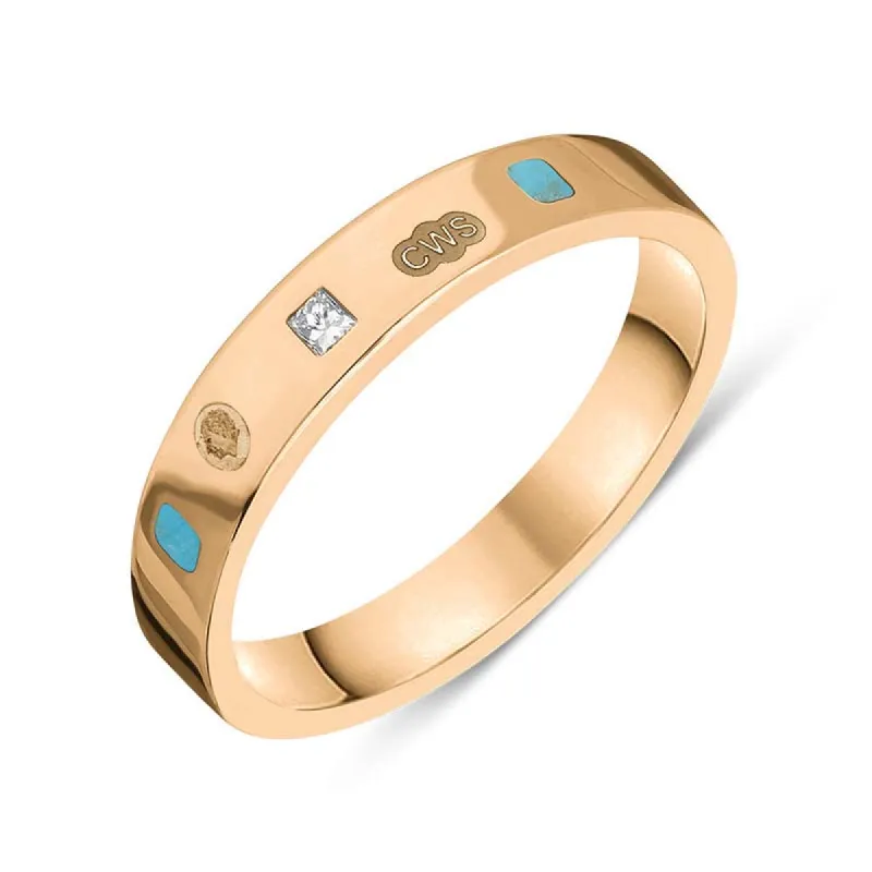 9ct Rose Gold 0.09ct Diamond Turquoise King's Coronation Hallmark Princess Cut 4mm Ring sold by C.W. Sellors