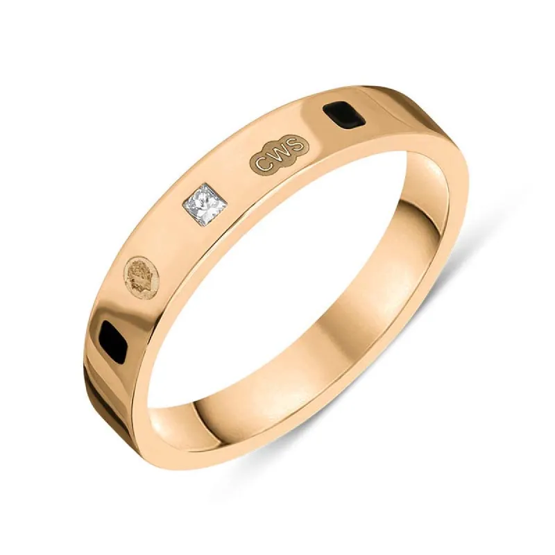 9ct Rose Gold 0.09ct Diamond Whitby Jet King's Coronation Hallmark Princess Cut 4mm Ring sold by C.W. Sellors