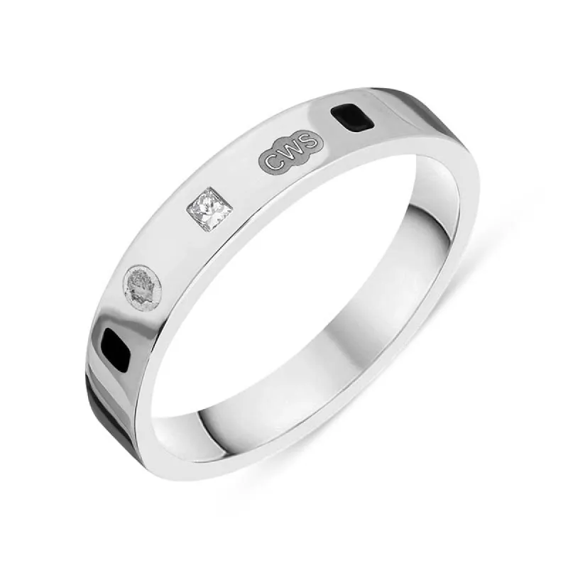 9ct White Gold 0.09ct Diamond Whitby Jet King's Coronation Hallmark Princess Cut 4mm Ring sold by C.W. Sellors