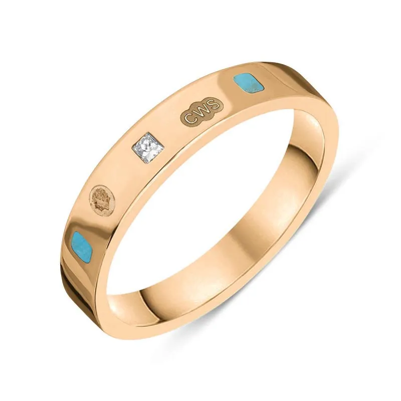 18ct Rose Gold 0.09ct Diamond Turquoise King's Coronation Hallmark Princess Cut 4mm Ring sold by C.W. Sellors