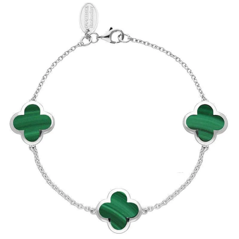 Sterling Silver Malachite Bloom Four Leaf Clover Chain Bracelet sold by C.W. Sellors